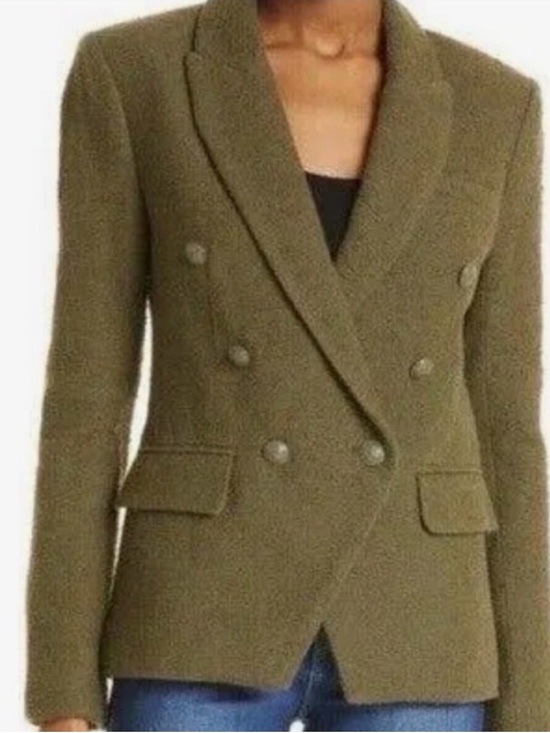 L'AGENCE Jackets & Blazers - L’Agence Double-Breasted Olive Green Women's Tweed Blazer Jacket